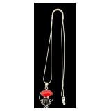 Sterling Silver Necklace with Red Coral and Onyx Pendant