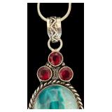 Sterling Silver 24 Inch Necklace with 2.5 Inch Turquoise Colored Agate and Red Gem Pendant