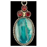 Sterling Silver 24 Inch Necklace with 2.5 Inch Turquoise Colored Agate and Red Gem Pendant
