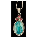 Sterling Silver 24 Inch Necklace with 2.5 Inch Turquoise Colored Agate and Red Gem Pendant