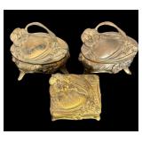 Set of 3 Vintage Art Nouveau Jewelry Casket Boxes with Floral Motif