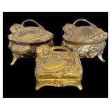 Set of 3 Vintage Art Nouveau Jewelry Casket Boxes with Floral Motif