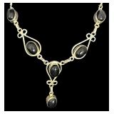 Sterling Silver Necklace with Black Stone Cabochons