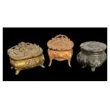 Set of 3 Vintage Metal Casket Jewelry Boxes with Floral Designs