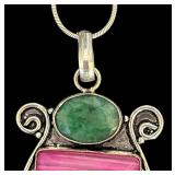 Sterling Silver Necklace with Green, Pink, and Blue Gemstone Pendant
