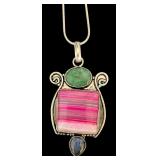 Sterling Silver Necklace with Green, Pink, and Blue Gemstone Pendant