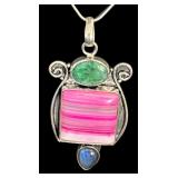 Sterling Silver Necklace with Green, Pink, and Blue Gemstone Pendant