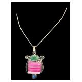 Sterling Silver Necklace with Green, Pink, and Blue Gemstone Pendant