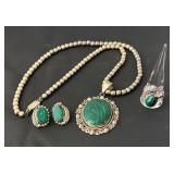 Vintage Sterling Silver and Malachite Jewelry Set - Necklace, Earrings, and Size 9.5 Ring