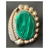 Vintage Sterling Silver and Malachite Jewelry Set - Necklace, Earrings, and Size 9.5 Ring