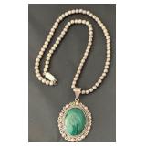 Vintage Sterling Silver and Malachite Jewelry Set - Necklace, Earrings, and Size 9.5 Ring
