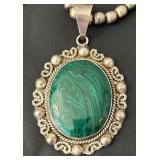 Vintage Sterling Silver and Malachite Jewelry Set - Necklace, Earrings, and Size 9.5 Ring