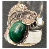 Vintage Sterling Silver and Malachite Jewelry Set - Necklace, Earrings, and Size 9.5 Ring