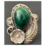 Vintage Sterling Silver and Malachite Jewelry Set - Necklace, Earrings, and Size 9.5 Ring