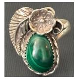 Vintage Sterling Silver and Malachite Jewelry Set - Necklace, Earrings, and Size 9.5 Ring