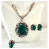 Vintage Sterling Silver and Malachite Jewelry Set - Necklace, Earrings, and Size 9.5 Ring