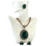 Vintage Sterling Silver and Malachite Jewelry Set - Necklace, Earrings, and Size 9.5 Ring