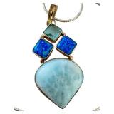 Sterling Silver Larimar, Topaz, and Opal Pendant Necklace, 24 Inch Chain