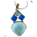 Sterling Silver Larimar, Topaz, and Opal Pendant Necklace, 24 Inch Chain