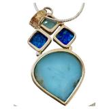 Sterling Silver Larimar, Topaz, and Opal Pendant Necklace, 24 Inch Chain