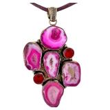 Sterling Silver Pendant with Dyed Pink Agate and Druzy