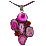 Sterling Silver Pendant with Dyed Pink Agate and Druzy