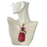 Druzy and Dyed Pink Agate Pendant Necklace with Pearl Accents, 30 Inch Chain