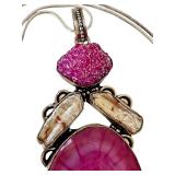 Druzy and Dyed Pink Agate Pendant Necklace with Pearl Accents, 30 Inch Chain