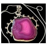 925 Sterling Silver Pendant Necklace with Large Agate Slice and 28 Inch Chain