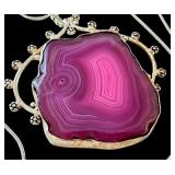 925 Sterling Silver Pendant Necklace with Large Agate Slice and 28 Inch Chain