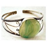 Vintage Silver-Tone Cuff Bracelet with Green Stone Accent