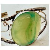 Vintage Silver-Tone Cuff Bracelet with Green Stone Accent