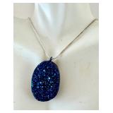 Blue Druzy Gemstone Pendant Necklace with 16" Chain