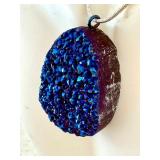 Blue Druzy Gemstone Pendant Necklace with 16" Chain
