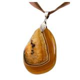 Large Polished Agate Slice Pendant Necklace with Brown Ribbon Cord
