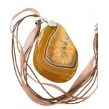 Large Polished Agate Slice Pendant Necklace with Brown Ribbon Cord
