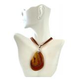 Large Polished Agate Slice Pendant Necklace with Brown Ribbon Cord