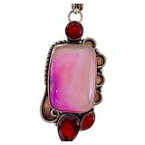 Sterling Silver Pendant with Dyed Pink Agate and Red Stones on 18 Inch Chain