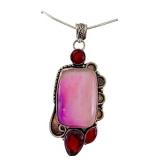 Sterling Silver Pendant with Dyed Pink Agate and Red Stones on 18 Inch Chain