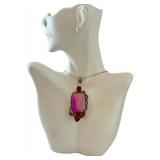 Sterling Silver Pendant with Dyed Pink Agate and Red Stones on 18 Inch Chain