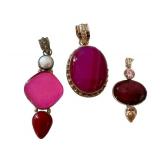 Set of 3 Sterling Silver Gemstone Pendants in Pink and Red Tones