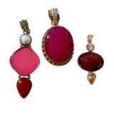 Set of 3 Sterling Silver Gemstone Pendants in Pink and Red Tones