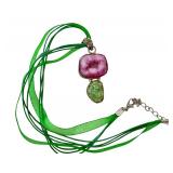 Pendant with Pink and Green Raw Geode Stones on Green Ribbon Necklace