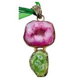 Pendant with Pink and Green Raw Geode Stones on Green Ribbon Necklace