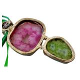 Pendant with Pink and Green Raw Geode Stones on Green Ribbon Necklace