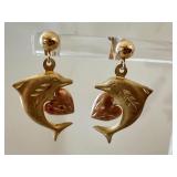 14k Gold Dolphin and Heart Post Earrings, 1 Inch