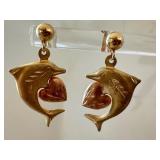 14k Gold Dolphin and Heart Post Earrings, 1 Inch