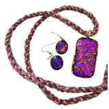 Fused Art Glass Pendant and Earrings Set with Iridescent Finish