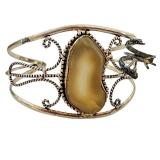 Set of 2 Vintage Silver Cuff Bracelets with Agate and Fossil Accents