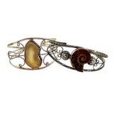 Set of 2 Vintage Silver Cuff Bracelets with Agate and Fossil Accents